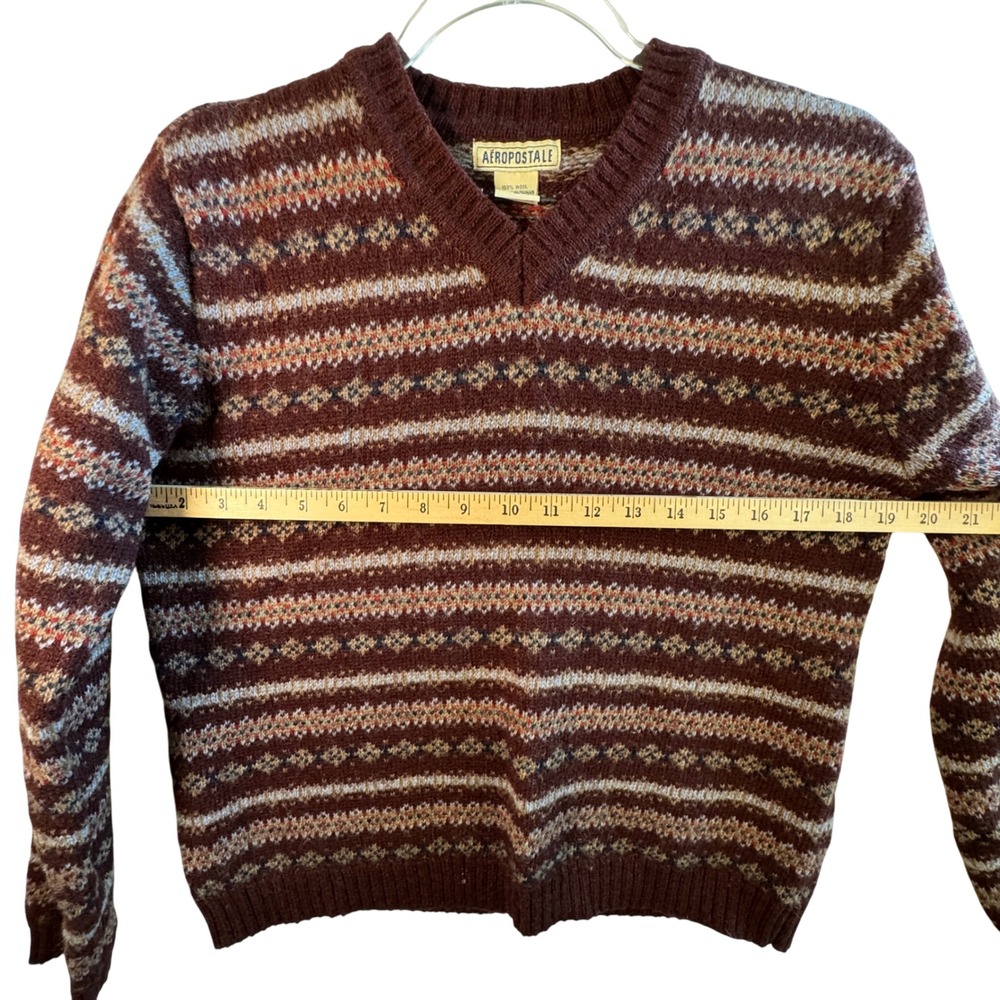 Aeropostale Vintage Wool Sweater Fair Isle V-Neck Burgundy Striped Mens Medium M - Picture 5 of 6